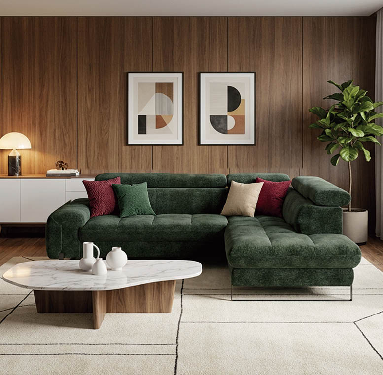 A living room with a couch, a coffee table, and two pictures on the wall. AI generated content