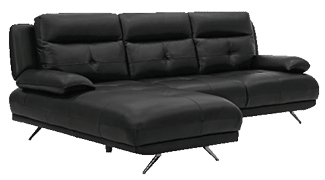A black leather couch with a pillow on it. AI generated content