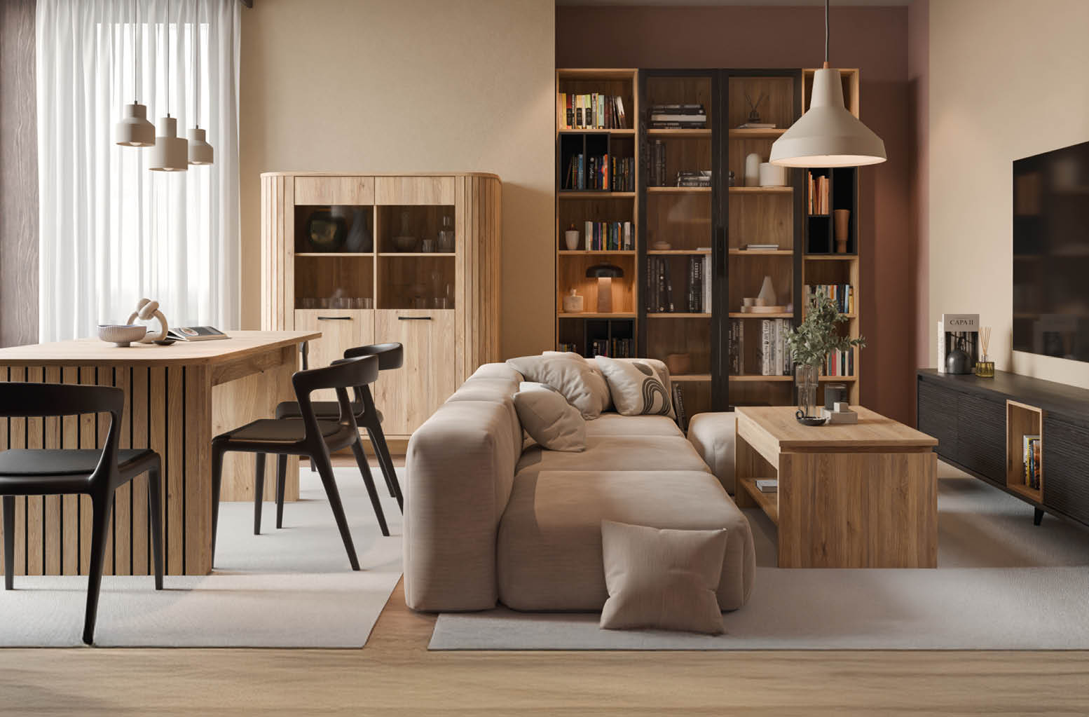 A modern living room with a couch, chair, and dining table. A bookshelf with books and a potted plant. AI generated content