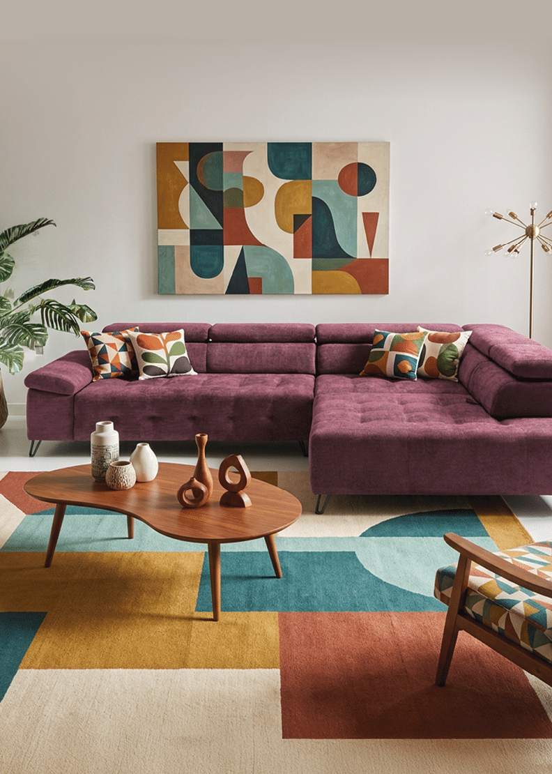 A living room with a couch, chair, and coffee table. A painting is hanging on the wall above the couch. A potted plant is in the corner. AI generated content