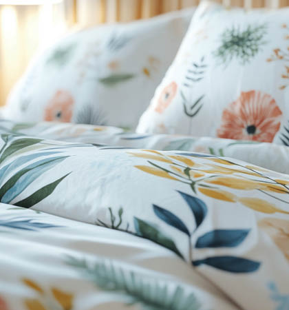 Close-up of floral bedding on a bed.